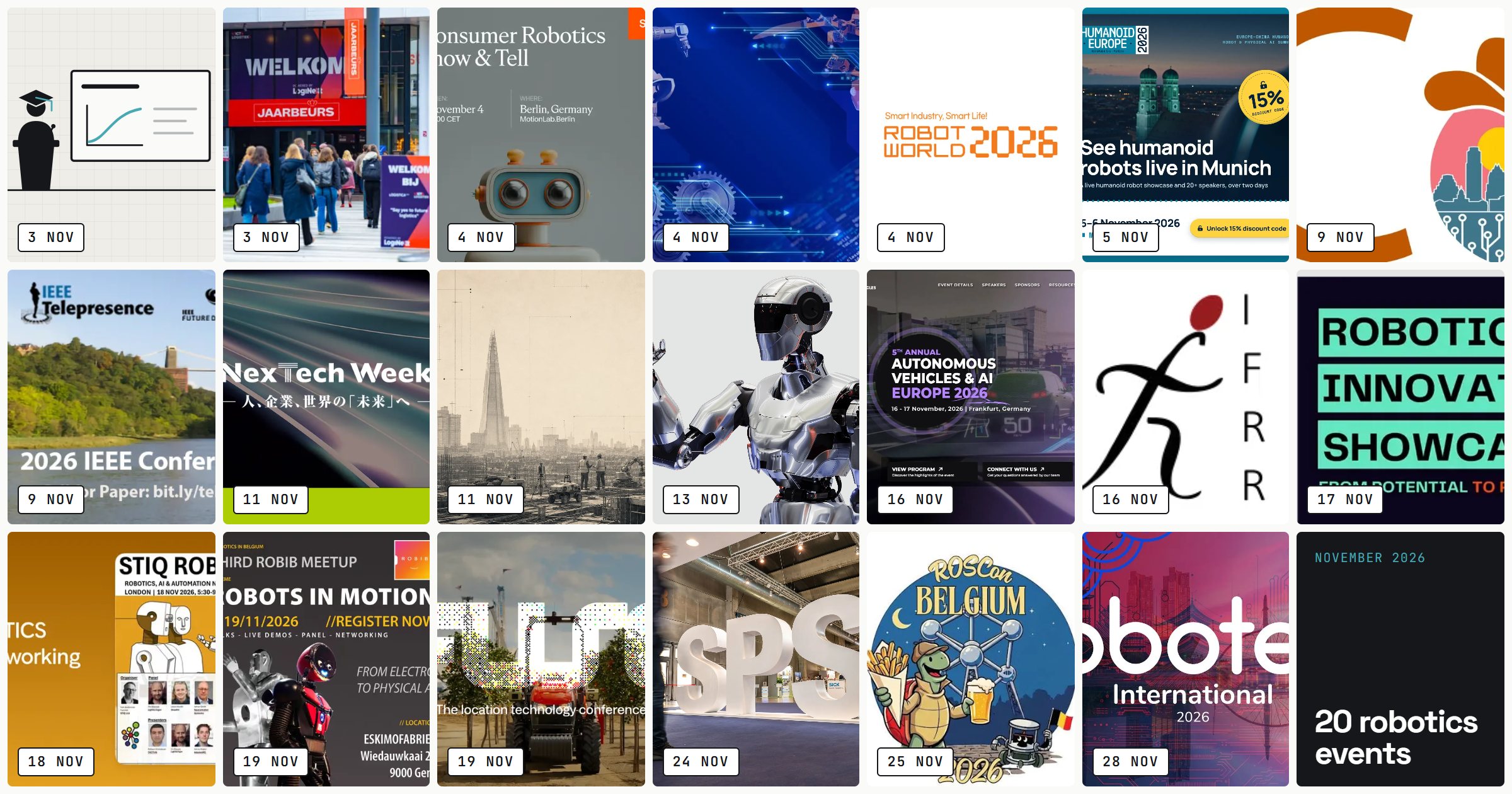 A mosaic of the header pictures of November 2026's twenty robotics events, each labelled with its date